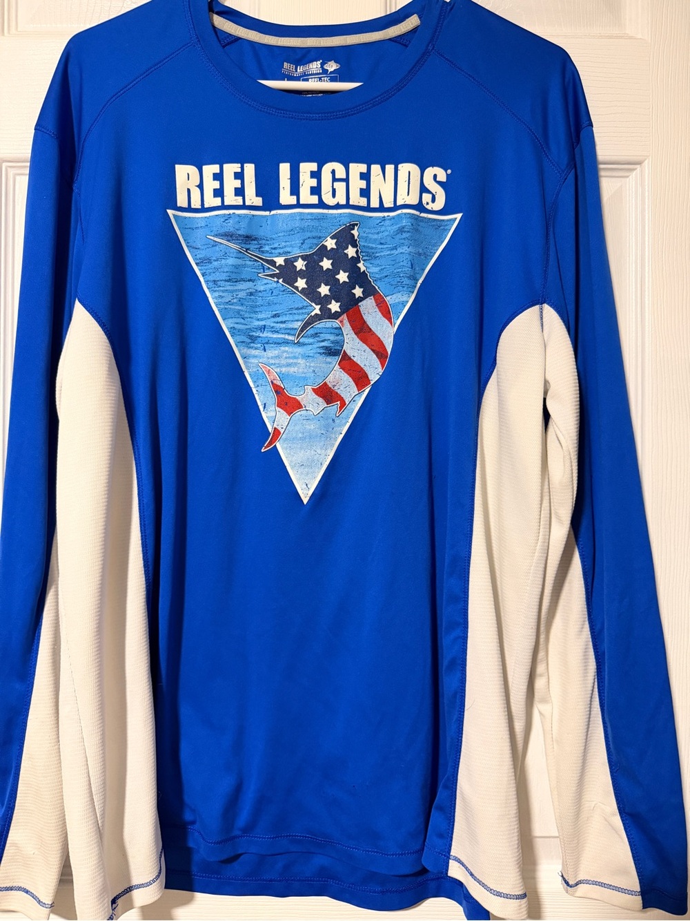 Reel Legends Blue and White Long-Sleeve Rash Guard with Marlin Graphic